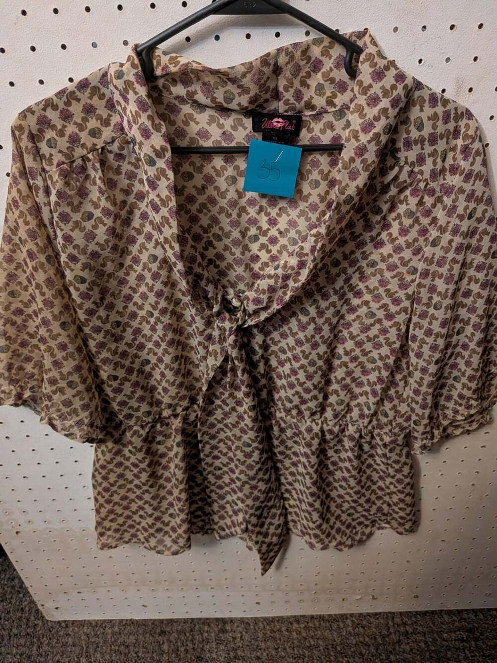 Ultra Flirt Women's Sheer Tie-Front Peplum Blouse with Squirrel and Acorn Print